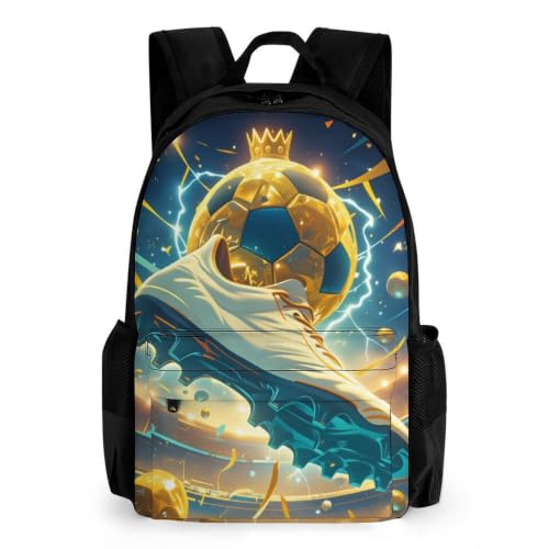 Golden Soccer Ball Crowned Football Boot Stadium Lightning Backpack, Durable Polyester Daypack with Laptop Compartment, Reinforced Bottom, Adjustable Shoulder Straps And Multi Pockets for Travel And D - color: Golden Soccer Ball Crowned Football Boot Stad