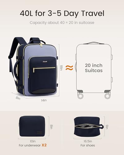 LOVEVOOK 40L Travel Backpack for Women & Men, Airline Approved Carry On Luggage with 3 Packing Cubes, TSA Overnight Bags, Waterproof Personal Item Bag, Weekender Essentials Backpacks fits 17" Laptop - color: Ink Blue-grey Blue-black, size: Large