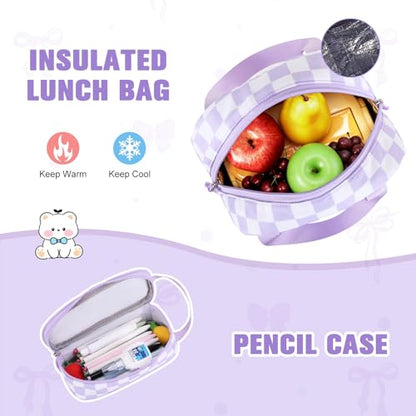 Bevalsa Backpack for Girls 3PCS Teen Girls Backpack for School with Lunch Bag Pencil Case Purple Cute Kids Laptop Backpacks Bookbag for Elementary Middle High School College Student (Checkerboard) - color: Purple Checkerboard