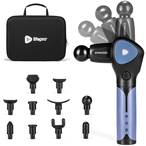 LifePro DynaFlex Percussion Massage Gun — Deep Tissue Back Massager with 4-Angle Rotating Arm — 16 Speeds, 10 Heads for Self Back & Neck for Athletes, Men & Women – Quiet, Portable with Travel Case - color: Blue, size: Medium