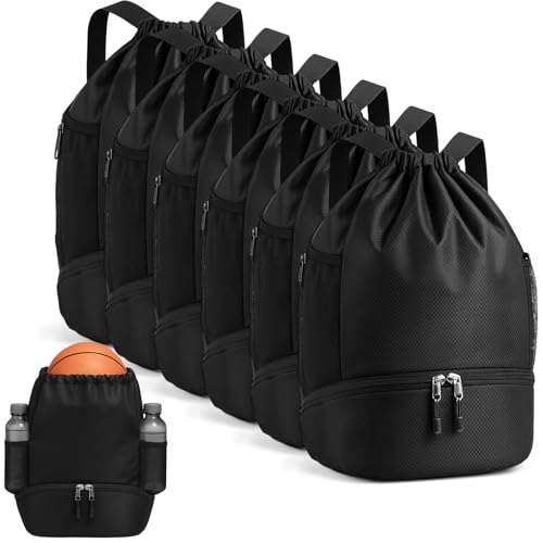 6 Pack Gym Drawstring Backpack Bags Bulk with Shoe Compartment for Sports Wet Proof Pocket for Men Women Large(Black) - color: Black