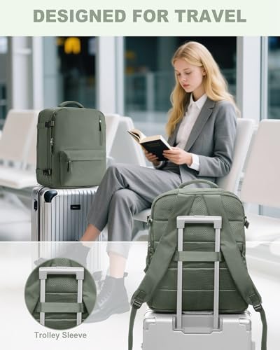VECAVE 18x14x8 TSA-Approved Personal Item Backpack – Under Seat Carry-On Travel Bag for Women, Fits 15.6" Laptop, with Water Bottle & Shoe Pouch, Airline Travel Backpack Flight approved Green - color: H6-green, size: Large