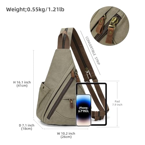 KouLi Buir Canvas Sling Bag - Small Crossbody Backpack Shoulder Casual Daypack Rucksack for Men Women - color: Olive Green