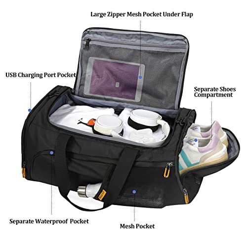 Raipult Gym Duffle Bag for Men Women, Travel Duffel Bag Backpack with Shoe Compartment & Wet Pocket, 50L Waterproof Sports Overnight Weekender Bag with USB Port, Black