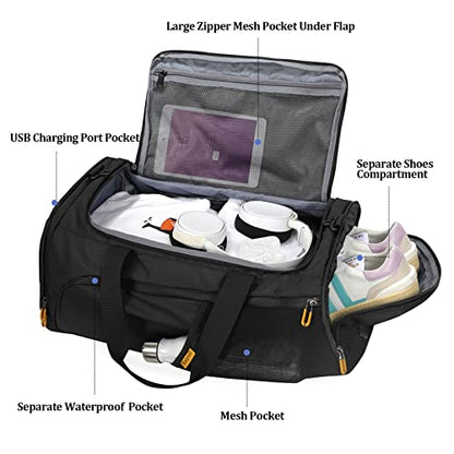 Raipult Gym Duffle Bag for Men Women, Travel Duffel Bag Backpack with Shoe Compartment & Wet Pocket, 50L Waterproof Sports Overnight Weekender Bag with USB Port, Black