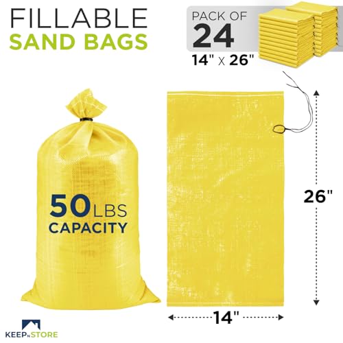 Heavy Duty Sand Bags Pack of 24, Bright Yellow Empty Sandbags with Built-In Ties, Woven Polypropylene UV Protection 1600 Hours, Fillable Bags for Flood Control, Weight, 14x26 inches, 50 Pounds Volume - size: 14"W x 26"L, style: Pack of 24
