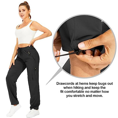 Womens Hiking Pants Quick Dry UPF 50 Lightweight Travel Golf Cargo Safari Pants Zipper Pockets - color: Black, size: X-Small Tall