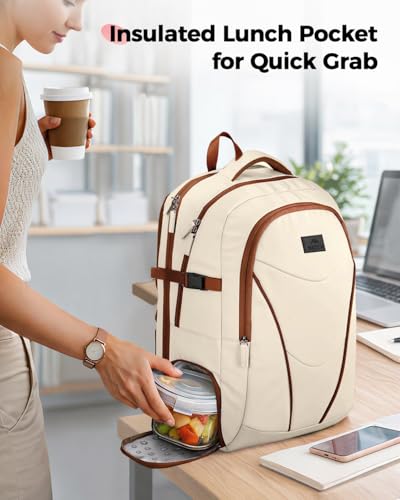 MATEIN HER Teacher Backpack, Computer Backpack for Women Fits 17.3'' Laptop | Water Bottle Holder, Water Resistant, Anti Theft, with Lunch Compartment, Office Travel Commute, Laptop Bookbag for College - color: Beige
