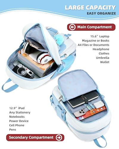 Hidds Laptop Backpacks 15.6 Inch School Bag Elementary Middle High College Backpack Cute Bookbags Anti Theft Travel Back Pack Casual Daypack Kids Book Bag for Teens Girls Women Students-Blue Beige - color: Blue Beige