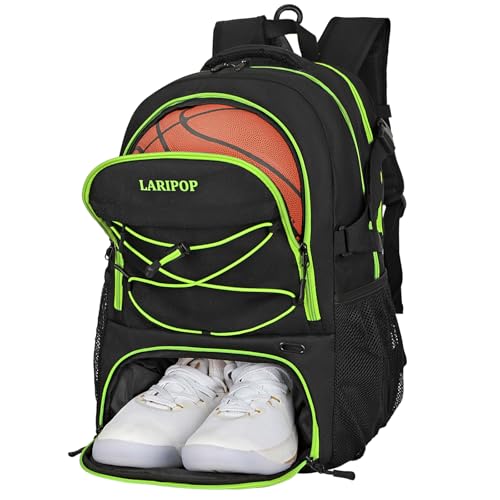 LARIPOP Basketball Backpack Large Basketball Bag with Ball Holder & Shoe Compartment for Adults Men Women - color: Green