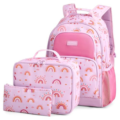 mommore Kids Backpack for Boys Girls 4-8 Kindergarten Elementary School Backpack with Lunch Box - 15” H Fit Folder - color: A-rainbow Print, style: 3 Pcs