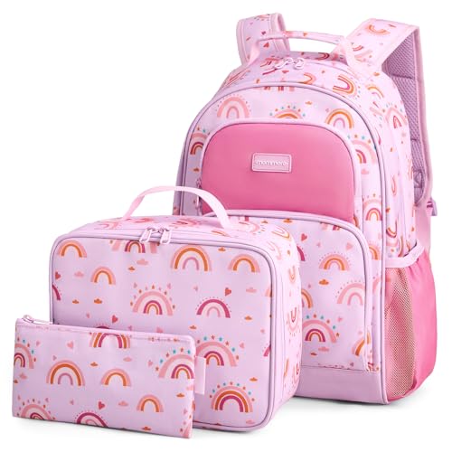 mommore Kids Backpack for Boys Girls 4-8 Kindergarten Elementary School Backpack with Lunch Box - 15” H Fit Folder - color: A-rainbow Print, style: 3 Pcs