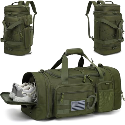 3 in 1 Tactical Travel Duffle Bag Backpack for Men Women 40-45L Expandable Gym Bag & Sport Duffel Bags for Travel with Shoe Compartment & Wet Pocket, Weekend Overnight bag for Caming, Green - color: Green