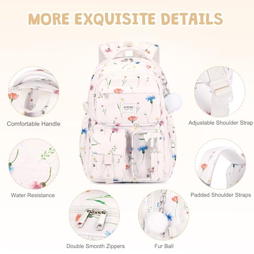 ACESAK Backpack for Girls - Girls Backpack with Lunch Bag & Pencil Pouch for Teen Kids Laptop Backpack for Women, Elementary Middle High School Bookbag Travel Daypack (Beige Flower) - color: Beige Flower