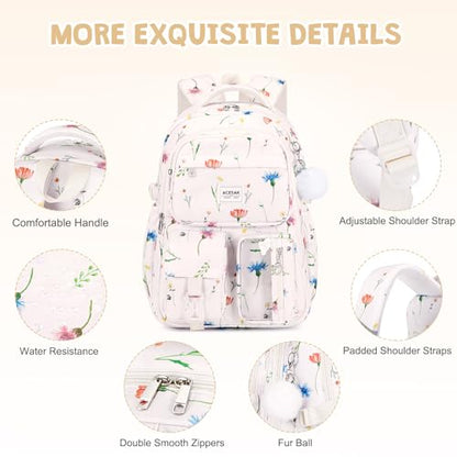 ACESAK Backpack for Girls - Girls Backpack with Lunch Bag & Pencil Pouch for Teen Kids Laptop Backpack for Women, Elementary Middle High School Bookbag Travel Daypack (Beige Flower) - color: Beige Flower