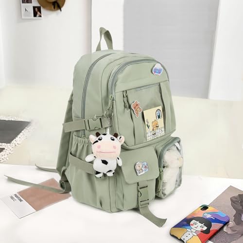 Kawaii Backpack with Cute Bear Plush Kawaii Pin Accessories Large Capacity Aesthetic School Bags Cute Bookbag for Girls Teen(Simple, Army Green) - color: Army Green