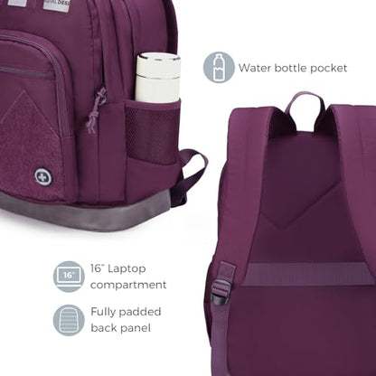 Swissdigital Design Big Student Laptop Backpack with Fun Personalized Patches For College Boy & Girl, Middle High School Teen Bookbag Cool Travel Daypack Purple - Includes 3 Patches | SD1718-51 - color: Dark Purple