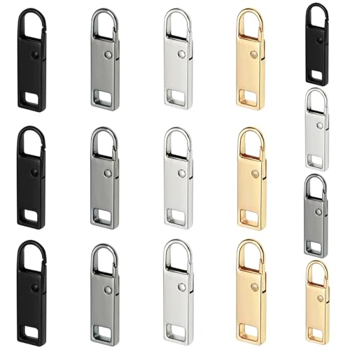 Urmspst Zipper Pull Replacement (Upgraded), 16 Pcs Detachable Zipper Pull Tabs for Luggage Clothing Jackets Backpacks Boots Purse Coat(2Size, 4 Color Black, Silver, Gold, Brilliant Black) - style: A 16PCS Black, Gold, Silver, Bright black