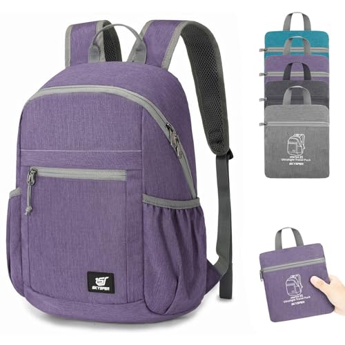 SKYSPER Anti Theft Hiking Backpack, 20L RFID Packable Travel Daypack, Lightweight Foldable Back Pack for Walking Daytrip - color: Purple