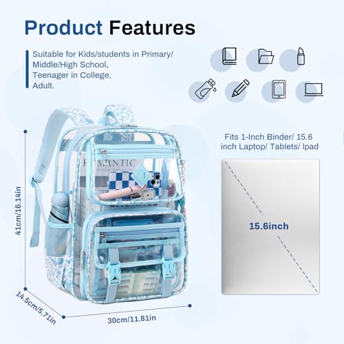 Sisipoet Clear Backpack for School, PVC Clear Bookbag Heavy Duty Transparent Backpack for Stadium Events See Through Bag - color: Blue Flower