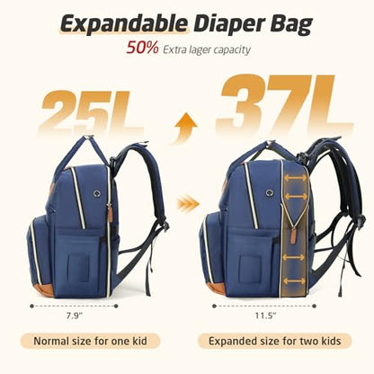 Diaper Bag Backpack - Extra Large Diaper Bag for 2 Kids Twin, Travel Baby Bags for Mom Dad 25-37L Expandable with Changing Pad Earphone Hole, Solid Blue - color: Solid Blue