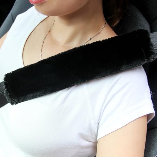Amooca 2-Pack Soft Furry Universal Seatbelt Cover – Shoulder Pad for Car Truck SUV Airplane Bus – Relieves Neck & Shoulder Pressure – Fits Backpack, Camera Bag, Laptop Bag Straps (10.5 Inch, Black) - color: Black, size: 10.5in 2pack