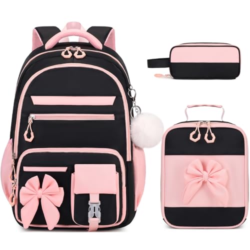 DIGOBAY Backpack for Girls, 3PCS Girls Backpack for School with Lunch Bag Pencil Case, Cute Kids Teens Bookbag for Kindergarten Elementary Preschool Middle School (Black-Pink) - color: Black-pink