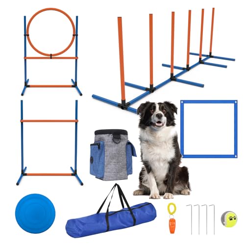 Sedeke 4 Sets Pets Agility Training Equipment - Adjustable Dog Hoop, Jump, Weave & Blind Poles, Pause Box for Outdoor Obstacle Course - size: 10 PC