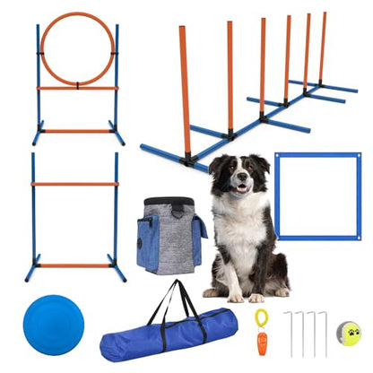 Sedeke 4 Sets Pets Agility Training Equipment - Adjustable Dog Hoop, Jump, Weave & Blind Poles, Pause Box for Outdoor Obstacle Course - size: 10 PC