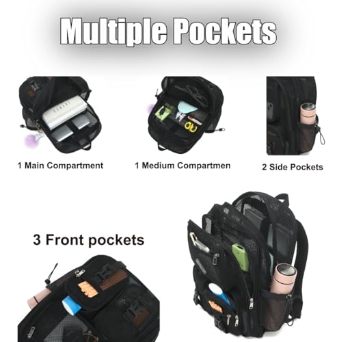 Mesh Backpack for Girls Boys, Heavy Duty Semi-Transparent Bookbag Womens Mens Backpacks for School, Beach, Swimming—Black - color: Black