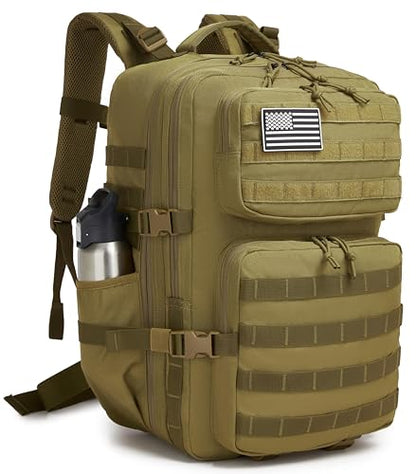 Wotony Military Tactical Backpack for Men Waterproof Daypack 3 Day Assault Pack Molle Bag with Water Bottle Holder - color: Khaki, size: 50L