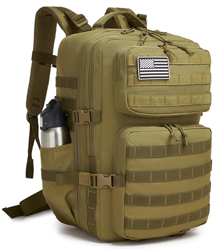 Wotony Military Tactical Backpack for Men Waterproof Daypack 3 Day Assault Pack Molle Bag with Water Bottle Holder - color: Khaki, size: 50L