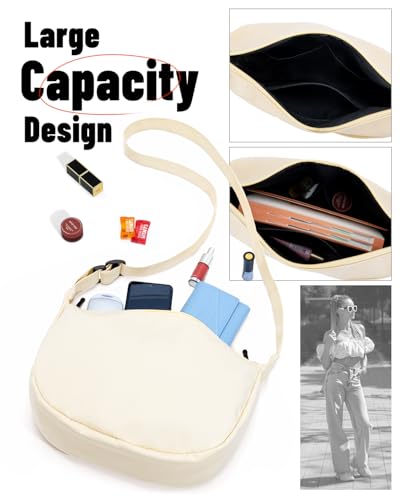 Crossbody Crescent Bag for Women Men Trendy, Crescent Sling Bag with Adjustable Strap, 2 Zippers Lightweight - color: Beige