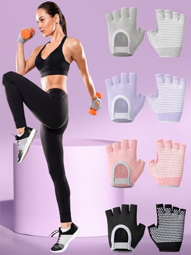 Fourluoo 4 Pairs Pilates Gloves with Grips for Women Non Slip Cotton Fingerless Silicone Yoga Gloves for Gym Exercise Workout Weight Training Mitten Fits Women Men - color: Black, Pink, Gray, Purple