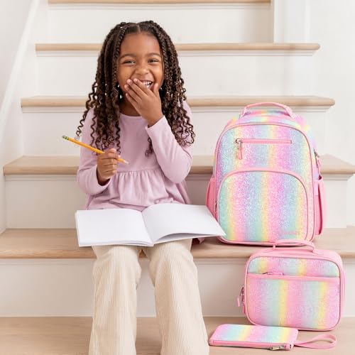 mibasies Girls Backpack with Lunch Box: 3PCS Kids Backpack Set for Kindergarten Elementary - 15 IN Cute Bookbag - Glitter Rainbow - color: Glitter Rainbow