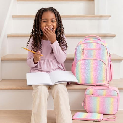 mibasies Girls Backpack with Lunch Box: 3PCS Kids Backpack Set for Kindergarten Elementary - 15 IN Cute Bookbag - Glitter Rainbow - color: Glitter Rainbow