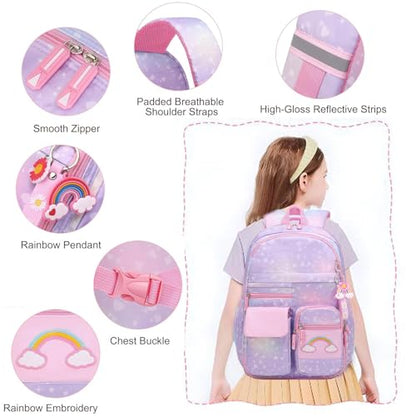 School Backpack for Girls Rainbow Backpack Cute Backpack for Back to School Laptop Travel Bag With pencil Case for Travel Camping Hiking (Purple Set) - color: Purple Set