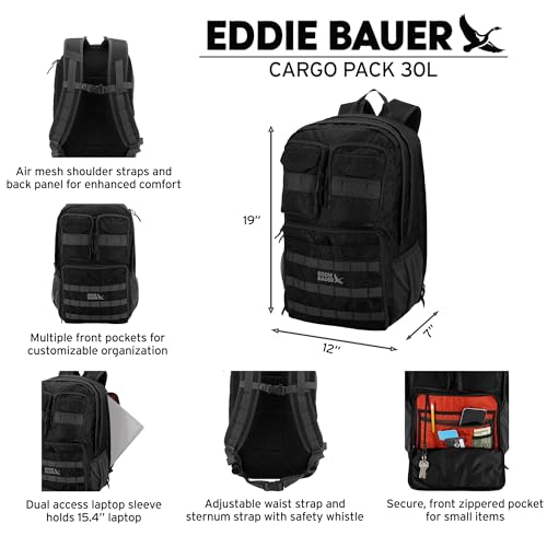 Eddie Bauer Cargo Tactical Backpack | Adventure | Heavy Duty | Outdoor | Water Resistant | 600D Polyester - Black - color: Black