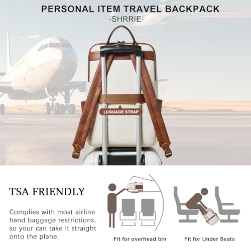 Shrrie 17 inch Leather Laptop Backpack for Women, Large Travel Backpack with 6 Compartments, Computer Backpack Purse for Work College - color: Beige