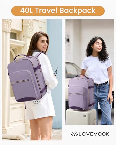 LOVEVOOK 40L Travel Backpack Flight Approved Carry on Backpack,3 Packing Cubes,Waterproof Personal Item Travel Bag,TSA Carry on Luggage Suitcase Travel Essentials,Gifts for Women & Men,fits 17" Laptop - color: Grayish Purple - Nostalgic Violet, size: Larg