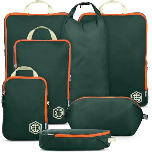 Large Compression Packing Cubes for Travel-Packing Cube Luggage Organizers 7 Piece Set for Checked Luggage-Ultralight, Expandable/Compression Bags by TRIPPED Travel Gear (Green/Orange) - color: Green/Orange