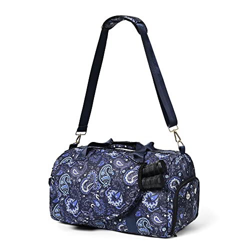 Boulder Bee Pickleball Bags, Premium Pickleball Tote Bag for Girls, Women’s Hand/Shoulder Gym Bag w Water Bottle Holder, with Pickleball Racquet/Paddle Holder - color: Duffel Bag-Blue cashew flower