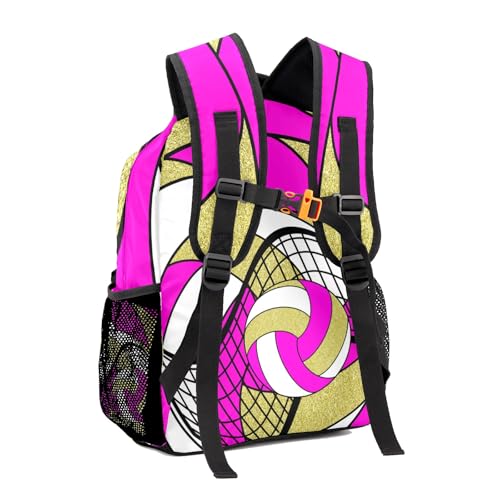 Volleyball Deep Pink Gold Multifuction Waterproof Backpack with Name Custom Shoulders Bookbag for Birthday Holiday Gift - color: Volleyball Deep Pink Gold