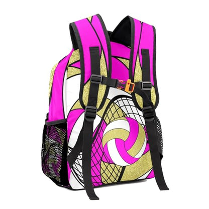 Volleyball Deep Pink Gold Multifuction Waterproof Backpack with Name Custom Shoulders Bookbag for Birthday Holiday Gift - color: Volleyball Deep Pink Gold
