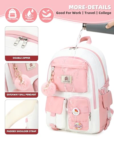 Hidds Laptop Backpacks 15.6 Inch School Bag Elementary Middle High College Backpack Cute Bookbags Anti Theft Travel Back Pack Casual Daypack Kids Book Bag for Teens Girls Women Students-Pink Beige - color: Pink Beige