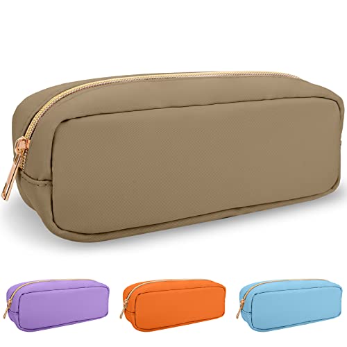 IZUZTA Nylon Slim Makeup Bag, Preppy Cute Makeup Brush Case Bag, Waterproof Travel Toiletry Bag Clutch Coin Pouch Make Up Organizer for Women Girls (Khaki) - color: Khaki, size: Slim