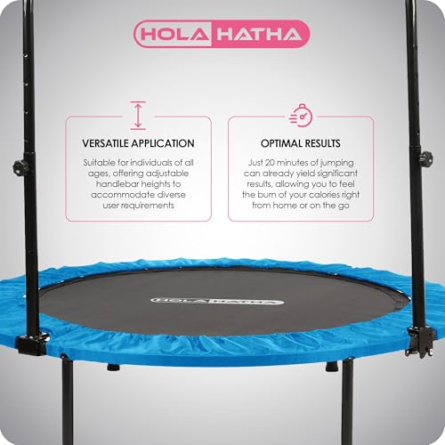 HolaHatha Portable Foldable Mini Trampoline Fitness Rebounder with 5 Level Adjustable Handle, Supports up to 440 Pounds, 48-Inch, Blue