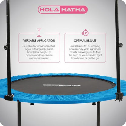 HolaHatha Portable Foldable Mini Trampoline Fitness Rebounder with 5 Level Adjustable Handle, Supports up to 440 Pounds, 48-Inch, Blue