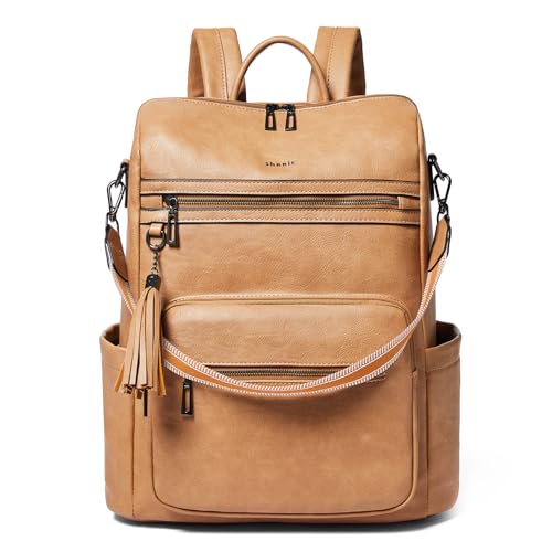 Shrrie 15.6 inch Laptop Backpack for Women,Large Leather Purse,Travel Backpacks Carry on,Water Resistant Casual Laptop Backpacks,College Backpack,Work Backpack for Women,Two-tone Camel Brown - color: Two-tone Camel Brown