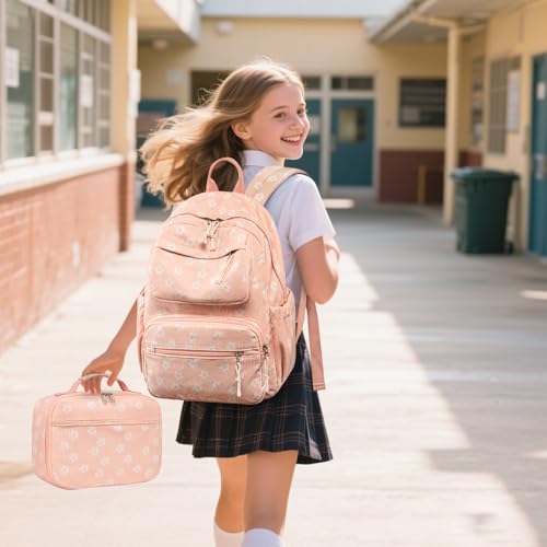 Bluboon Backpack for Girls Kids Preschool Backpack with Lunch Box Kindergarten Bookbag Toddler School Bags Set - color: Beige Flower Pink